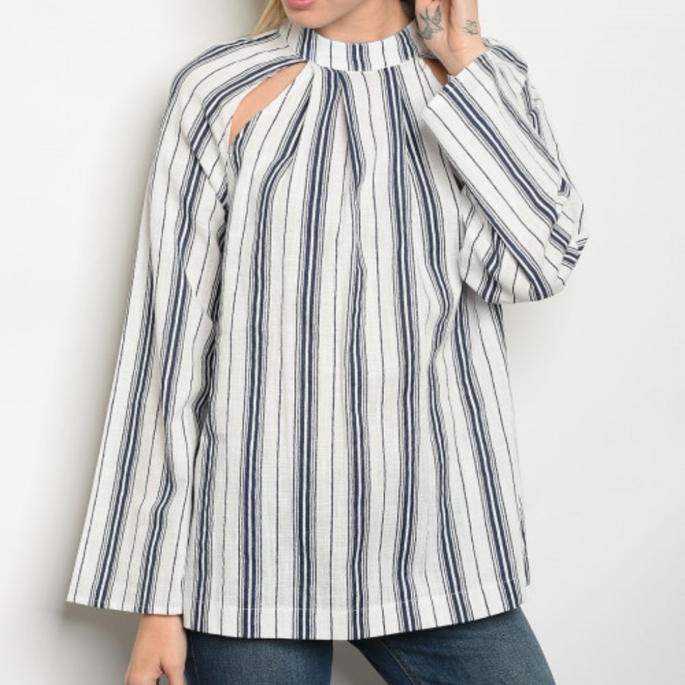 Navy White Striped Long Sleeve Top